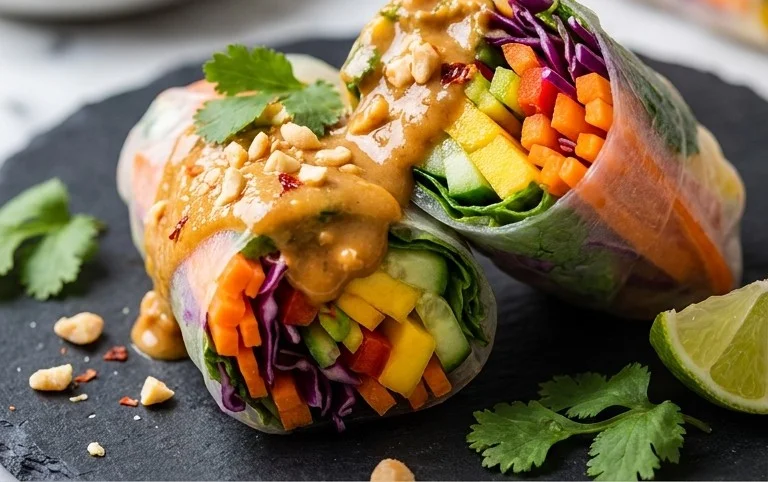 Rainbow Spring Rolls with Gin Extractger Peanut Sauce