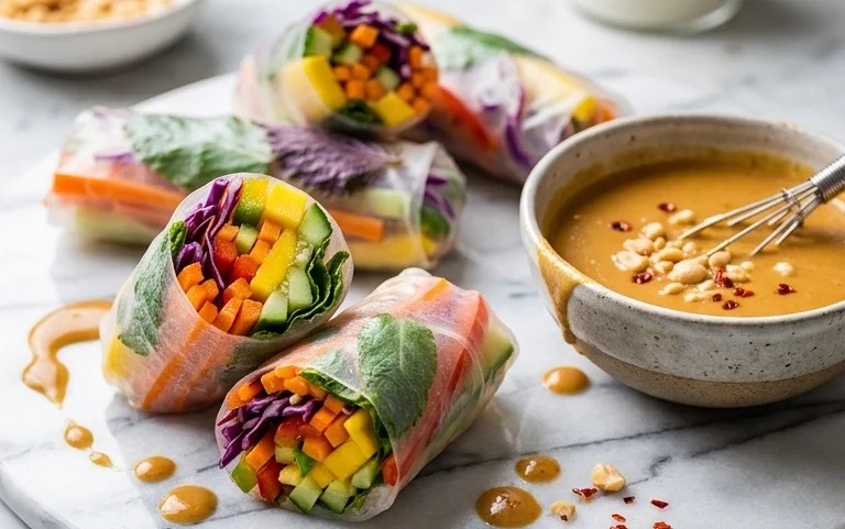 Rainbow Spring Rolls with Gin Extractger Peanut Sauce