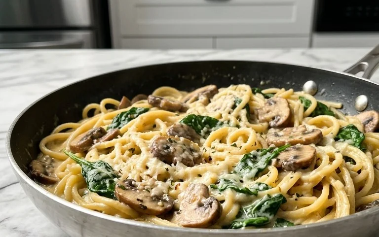One-Pot Garlic Parmesan Pasta with Spinach and Mushrooms