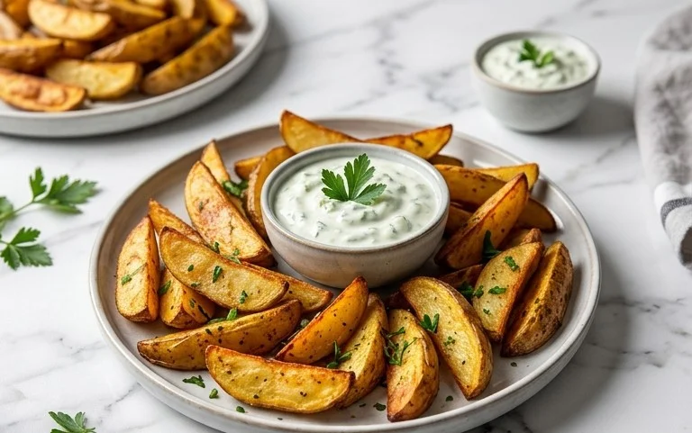 Kartoffelspalten mit Gurkendip