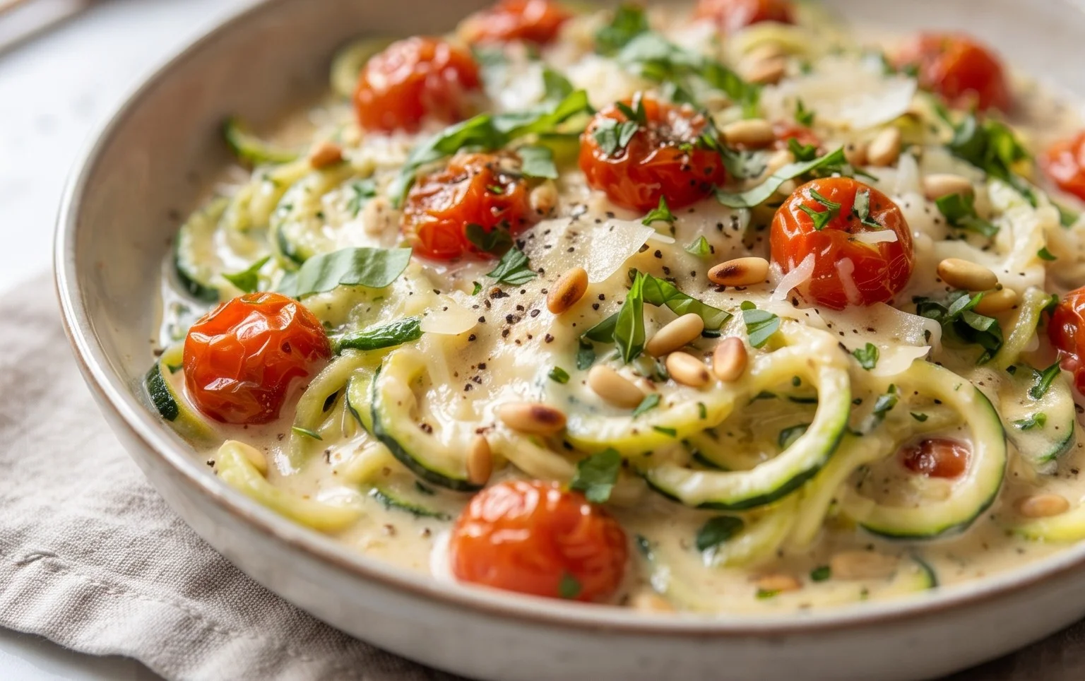 Zucchini-Spaghetti in cremiger Sauce– Zoodles