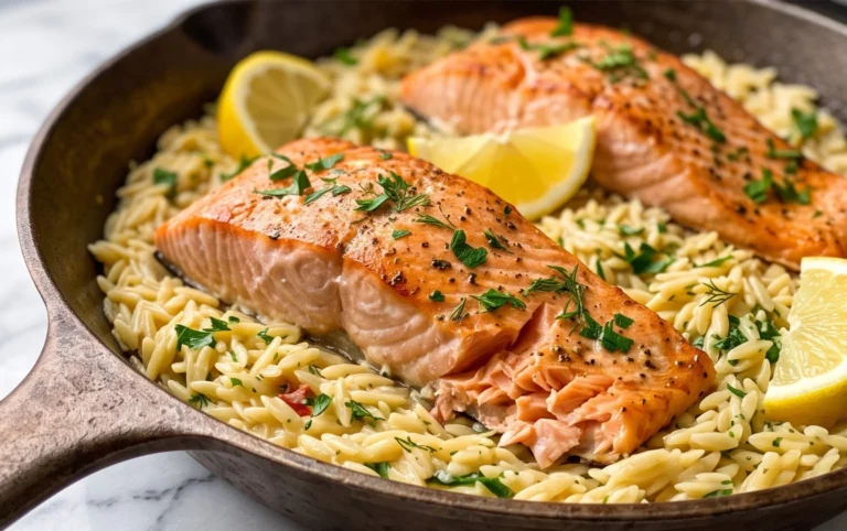 One Skillet Salmon with Lemon Orzo